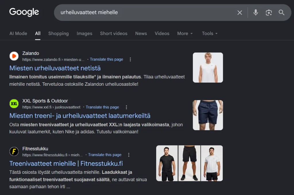 Googlen hakutulokset haulle urheiluvaatteet miehelle: Zalando, XXL ja Fitnesstukku kategoria- ja tuotesivuina